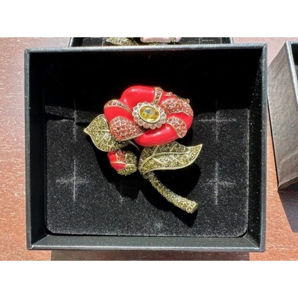 New Heidi‎ Daus "Budding Romance" Crystal Floral Pin color Red Coral~ US Seller